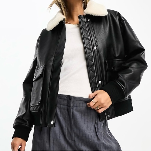 Abercrombie & Fitch Black Vegan Leather Bomber Jacket with Cream Collar - Picture 1 of 4